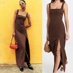 STAUD Portrait Square Neck Brown Dress